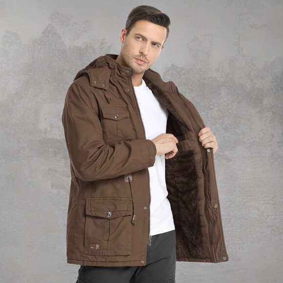 Mens Brown Thick Winter Jacket Hooded Fleece Lined Cotton Military Coat - Picture 7 of 7